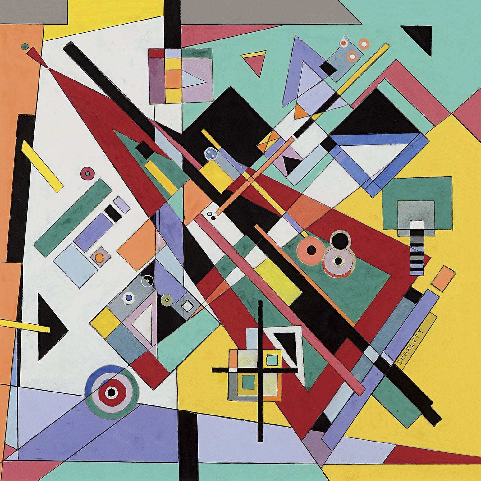 Abstract geometric painting with colorful shapes and intersecting lines on a vibrant background.