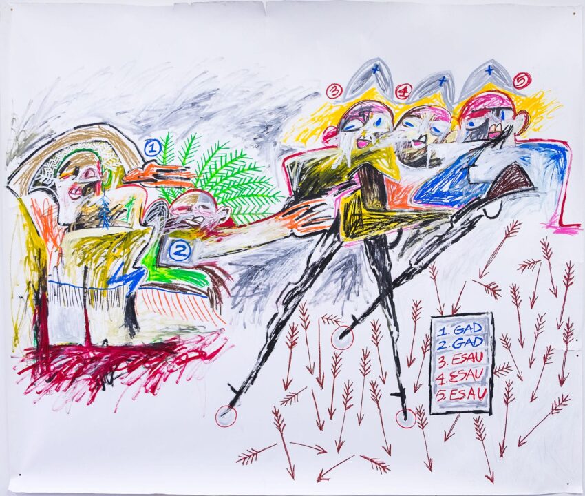 Abstract artwork with colorful, dynamic figures and text indicating names and numbers, surrounded by arrows and vivid lines.