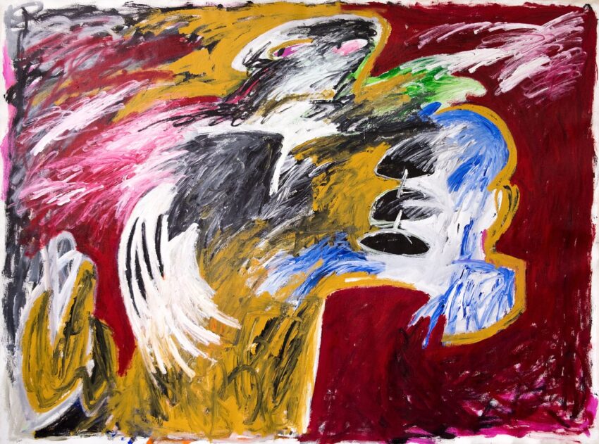 Abstract painting with bold colors and dynamic brushstrokes creating two contrasting figures against a vivid red background.