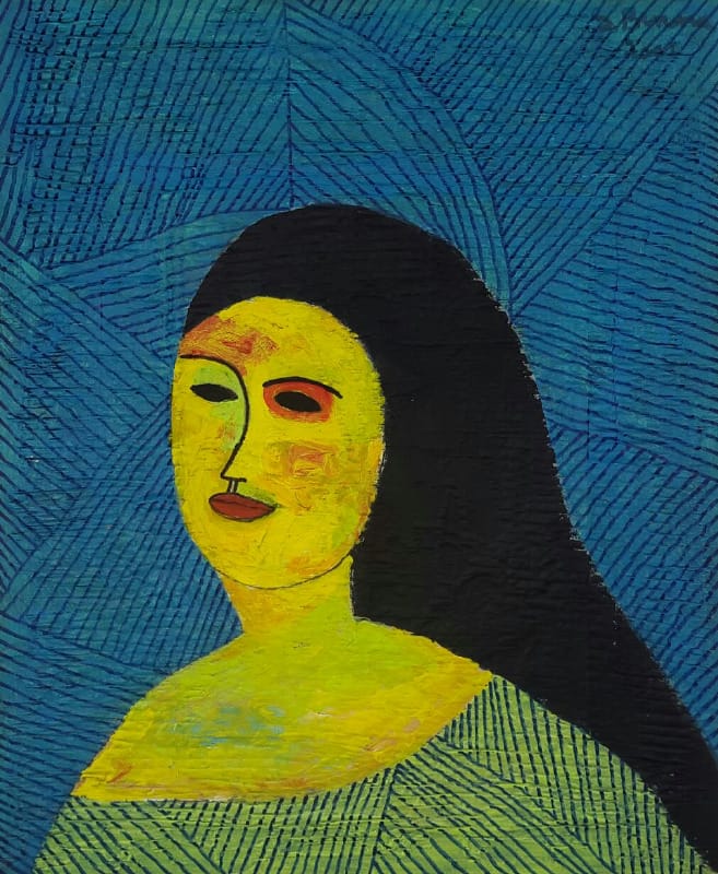 Colorful abstract painting of a person with a yellow face, dark hair, and blue textured background.