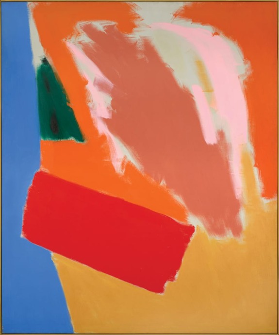 Abstract painting with bold colors, featuring large orange, red, pink, and blue brush strokes and geometric shapes.