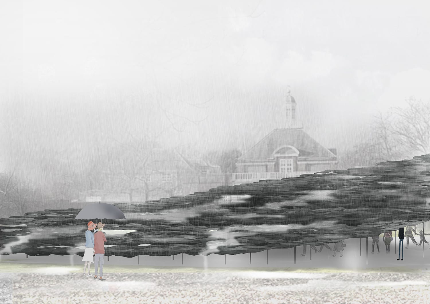 Conceptual art of a pavilion in the rain with people walking under umbrellas and a building in the background.