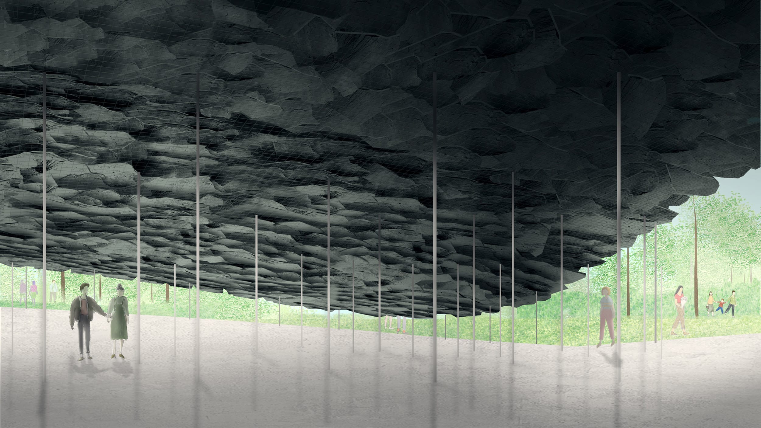 People walking under a large, dark, cloud-like structure supported by thin poles in a park setting.