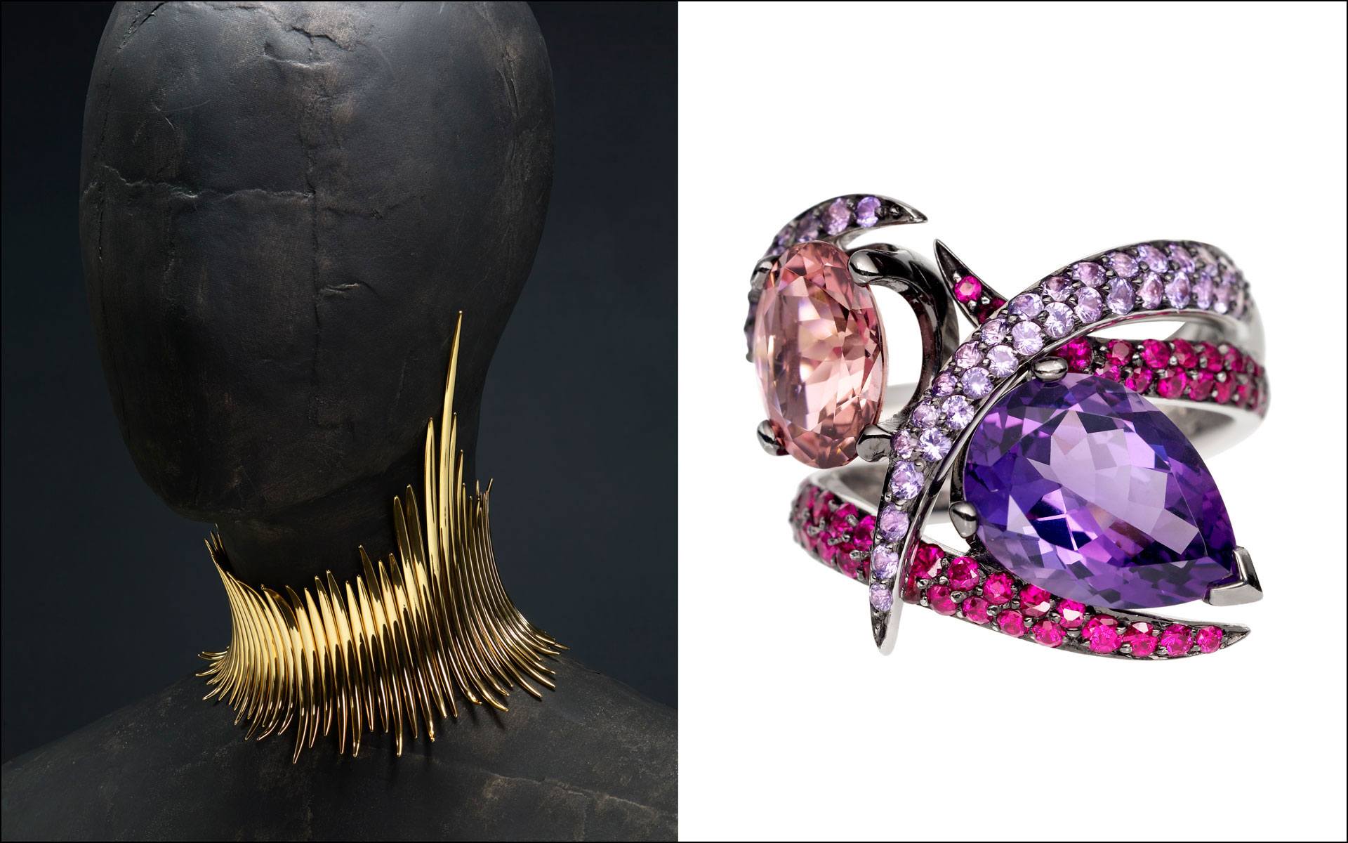 Golden spiked choker on sculpture and a vibrant gemstone ring with purple and pink stones on a white background.