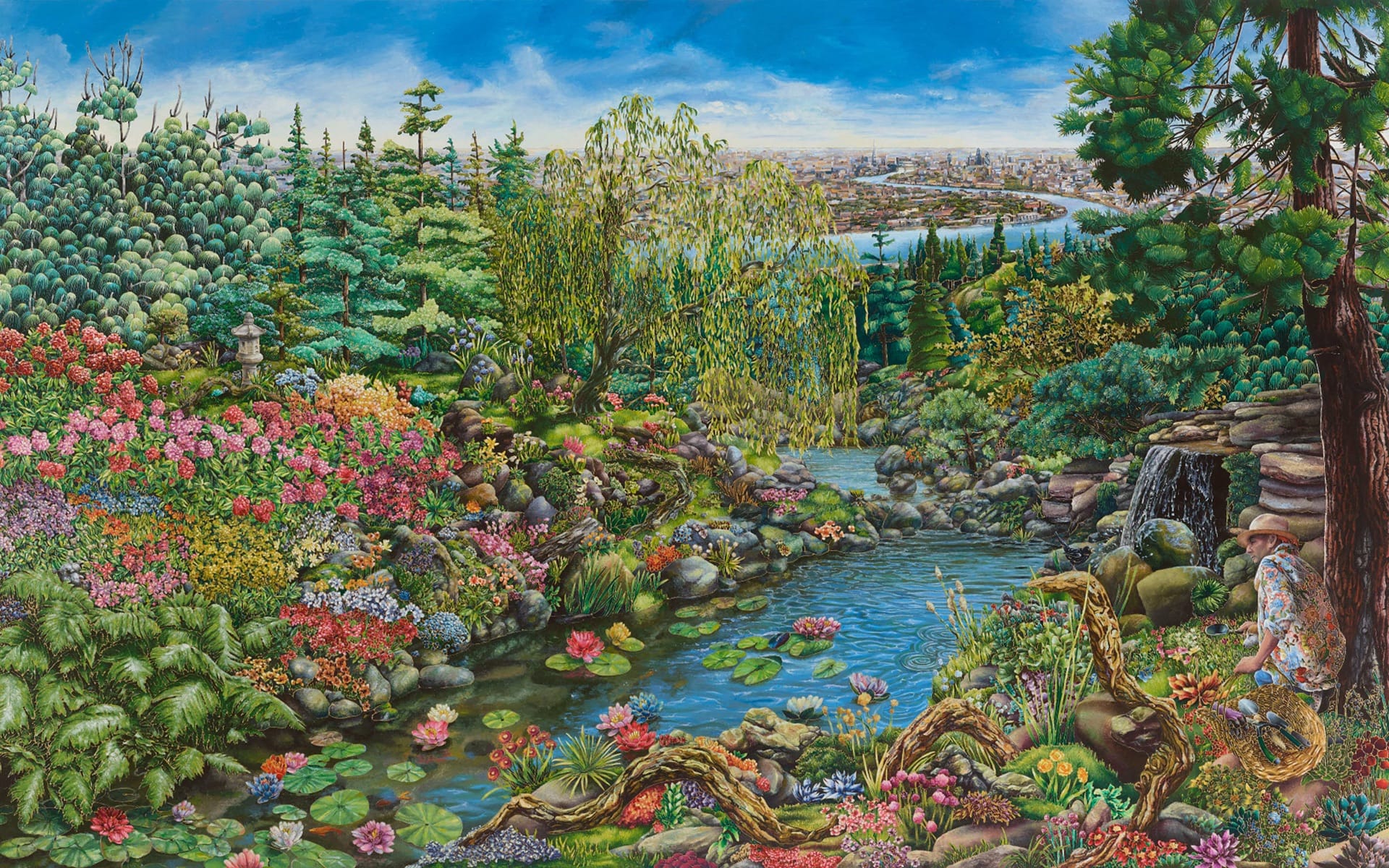 Vibrant garden landscape with diverse flowers, pine trees, a small pond, cascading waterfall, and distant city skyline.