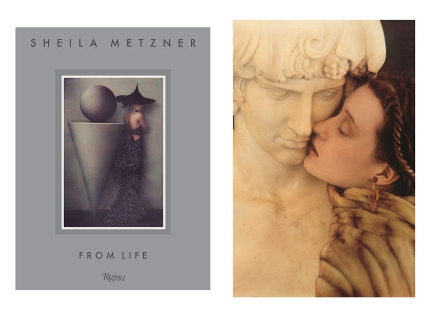 Book cover of "Sheila Metzner: From Life" featuring artistic images, including a woman leaning toward a classical statue.
