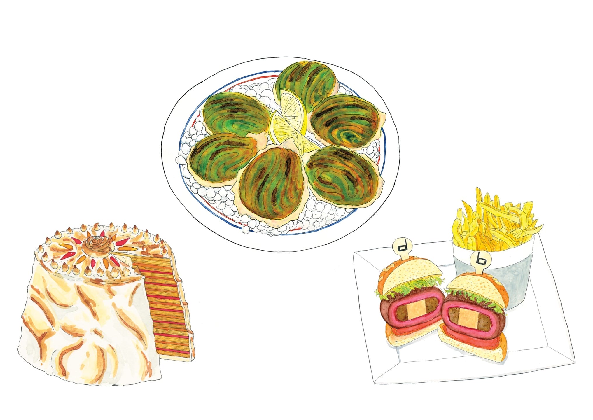 Illustration of melon slices on a plate, layered cake, and a burger with fries on a tray.