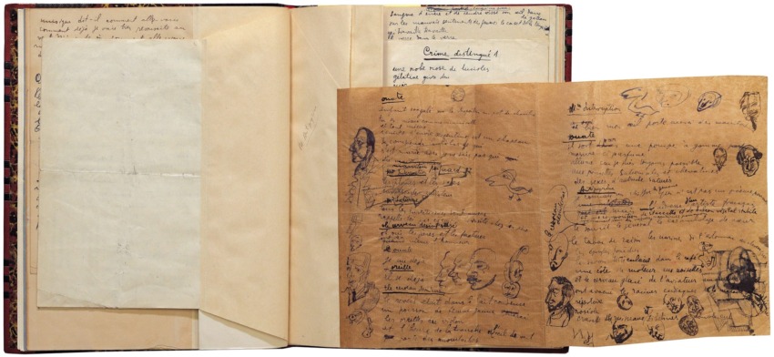 Open book with handwritten notes and sketches on aged paper, including various drawings and annotations.
