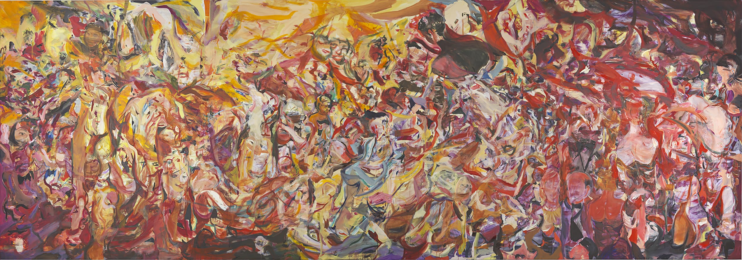 Abstract painting with swirling red, yellow, and white colors, depicting chaotic, energetic scenes and figures throughout the canvas.