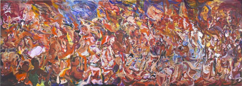 Abstract painting with a vibrant mix of swirling colors and shapes, creating a dynamic and chaotic visual experience.