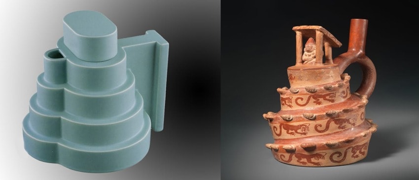 Two tiered vessels side by side: one modern green ceramic, other ancient with decorative figures and reddish tones.