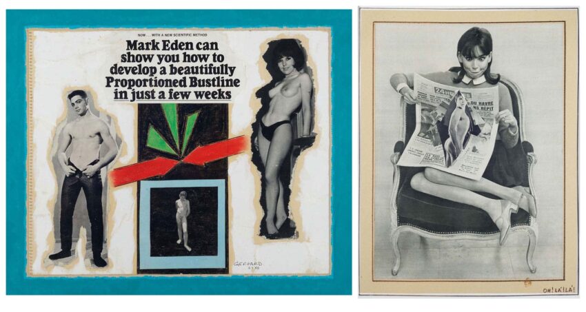 Collage of vintage magazine ads featuring models showcasing bust development and posing with products.
