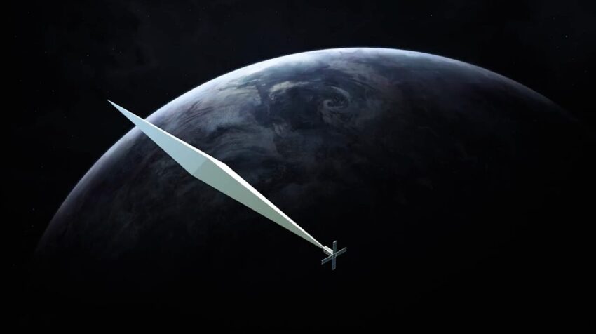 Satellite with a long reflective sail orbiting Earth against a dark space background