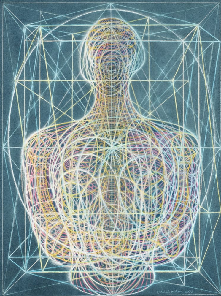 Abstract geometric illustration of a human figure with colorful intersecting lines and patterns on a dark background.