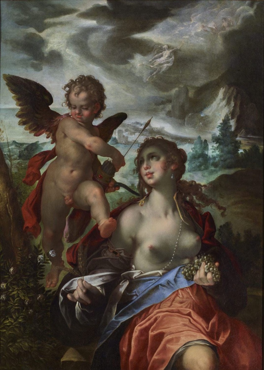 A classical painting depicting a winged cherub with a bow and a woman holding a bunch of grapes in a pastoral setting.