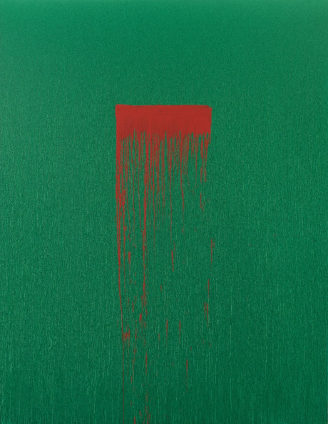 Abstract artwork with a vibrant green background and a bold red rectangle dripping downward.