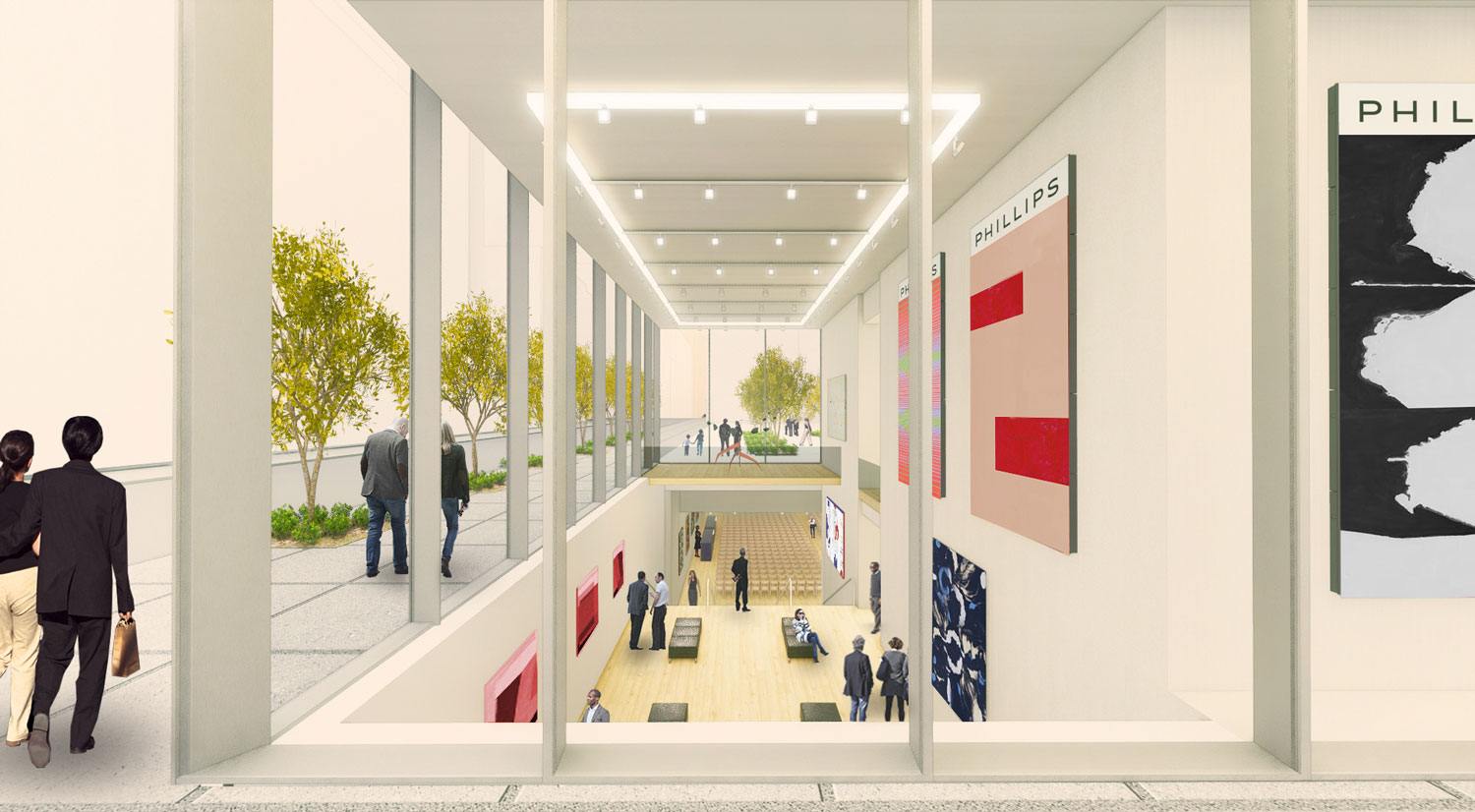 Modern art gallery interior with large windows, people walking, and colorful abstract paintings on the walls.