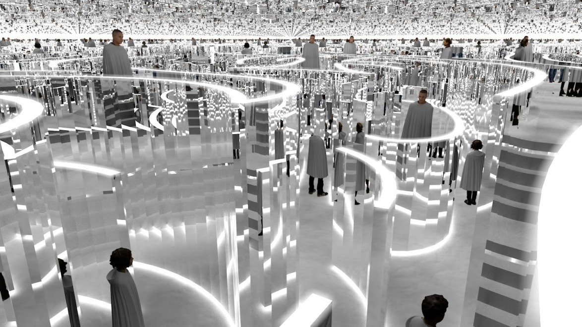 People standing in a futuristic hall of mirrors with bright lights and reflective walls creating an intricate optical illusion.