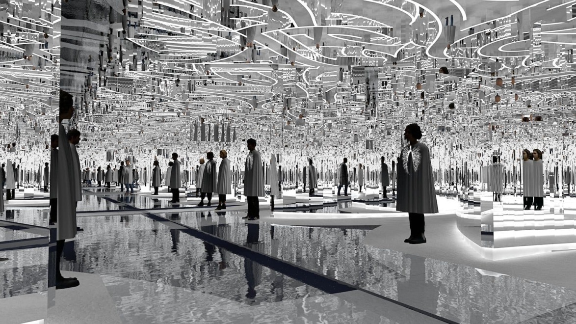 Futuristic scene with figures in lab coats standing in a mirrored, surreal environment reflecting intricate patterns.