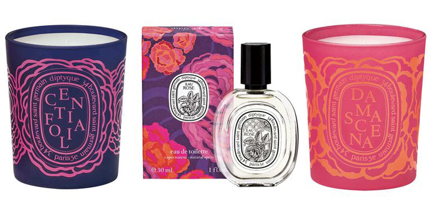 Diptyque candles and eau de toilette set featuring colorful packaging and floral designs.