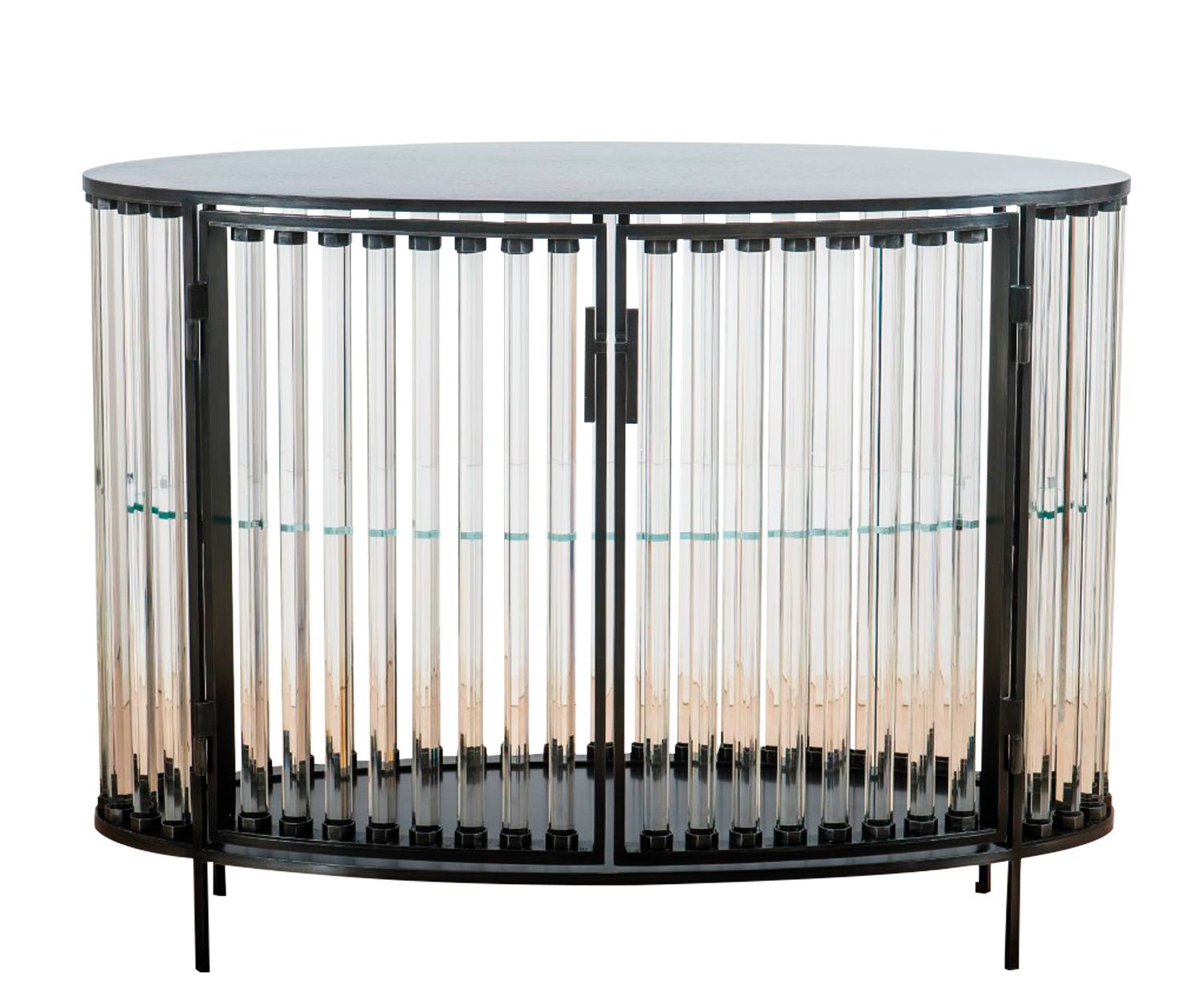 Round cabinet with vertical glass rods and two black-framed doors, featuring a glossy surface and modern design.