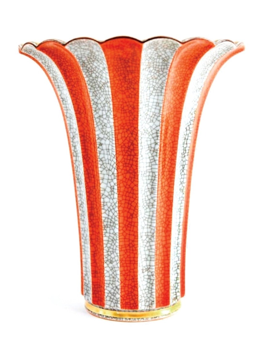Tall decorative vase with red and white vertical stripes, featuring a cracked texture and a wide flared top.
