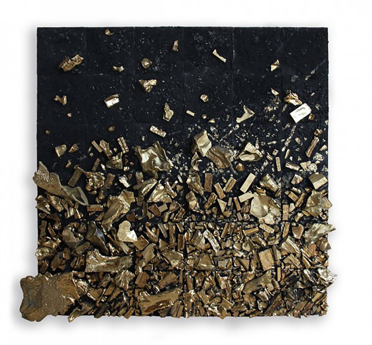 Abstract art with gold and black textured fragments on a square canvas, depicting a dynamic and scattered arrangement.