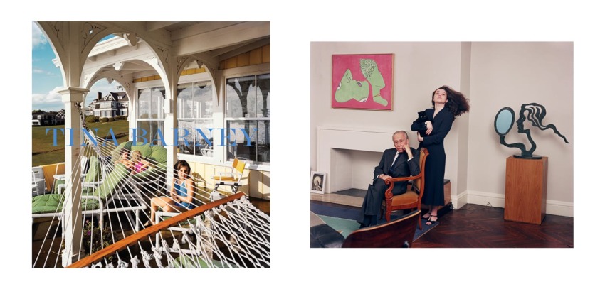 People relaxing on a porch hammock and a man seated beside a standing woman in an art-decorated room.