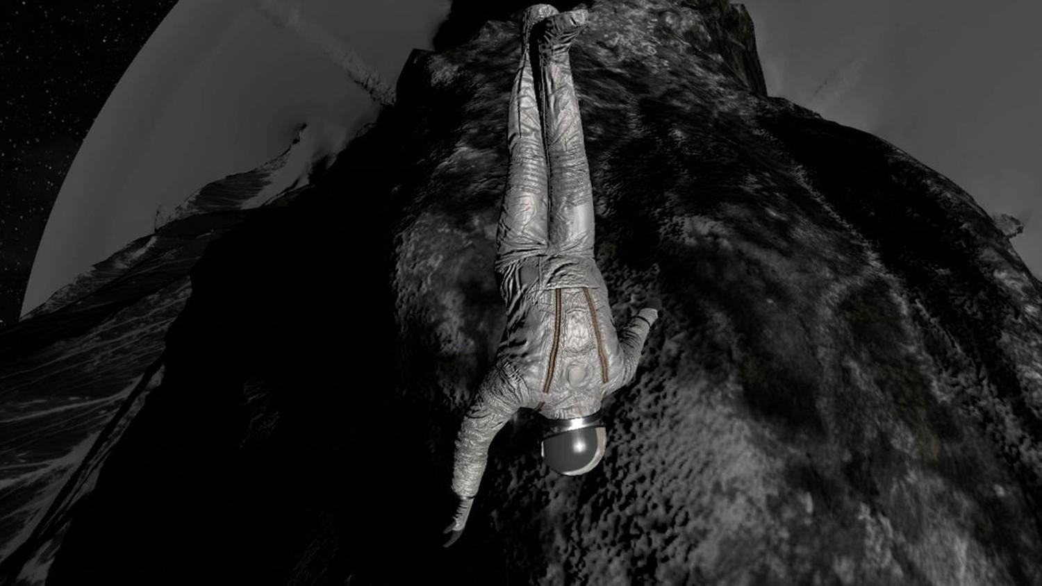 Astronaut in a spacesuit climbing a steep, rocky surface in a monochrome space environment.