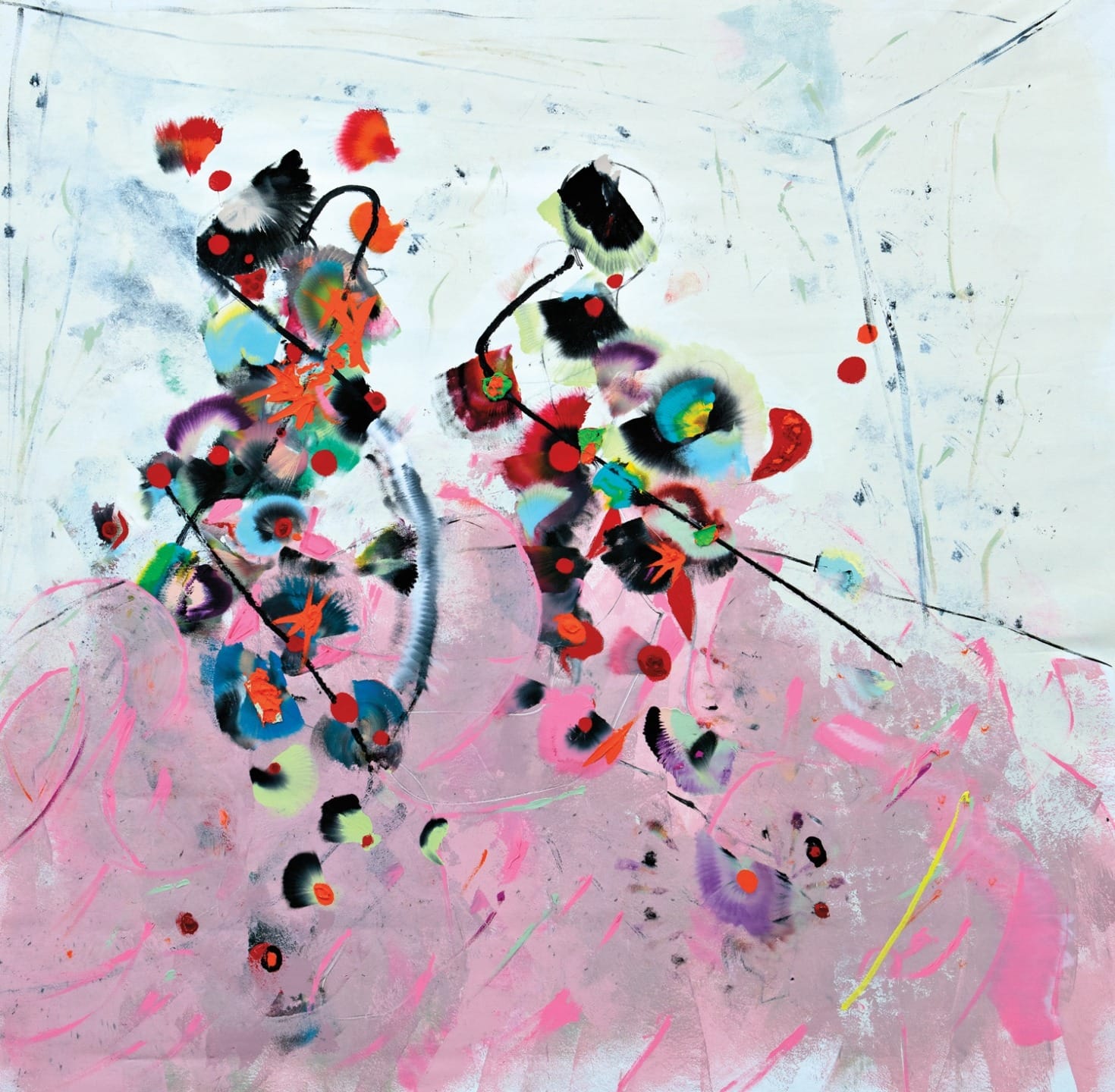 Abstract painting with vibrant splashes of pink, red, and black brushstrokes on a light background, creating dynamic movement.