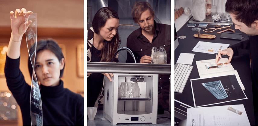 Person examining film strip, two individuals using a 3D printer, and designer reviewing architectural plans at desk.