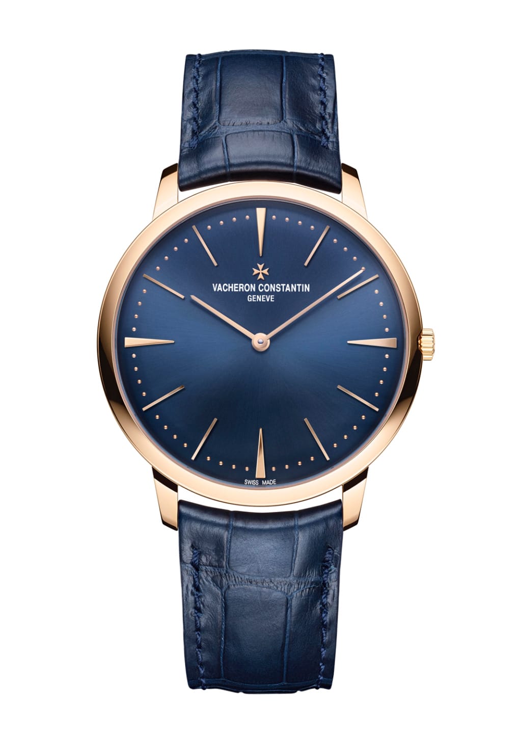 Luxury Vacheron Constantin wristwatch with blue face, gold accents, and dark blue leather strap.
