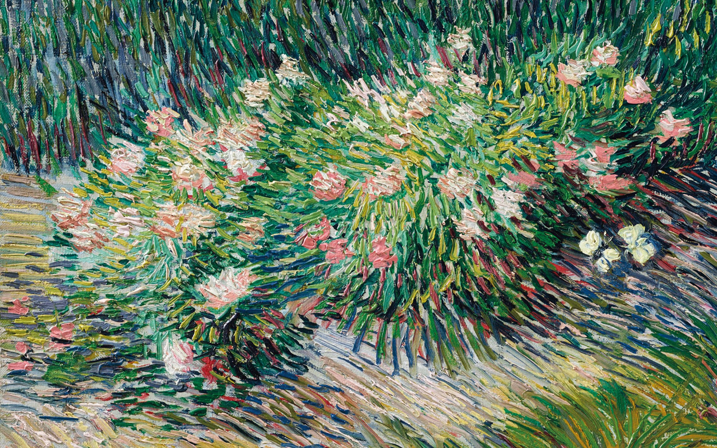 A vibrant painting of pink roses with lush green foliage against a dynamic background, in an impressionist style.