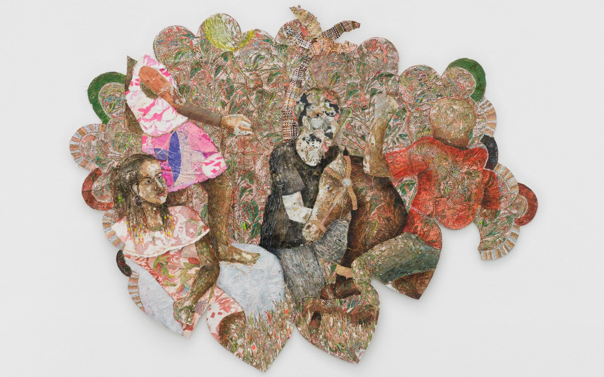 Colorful mixed media artwork with layered textures, depicting abstract human forms in dynamic poses against a patterned background.