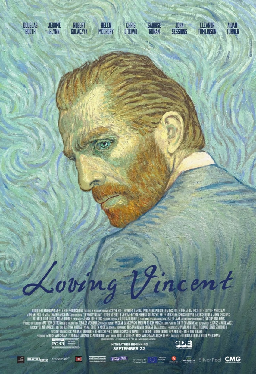 Portrait of a man with a beard set against a Van Gogh-style swirling background on the Loving Vincent movie poster.