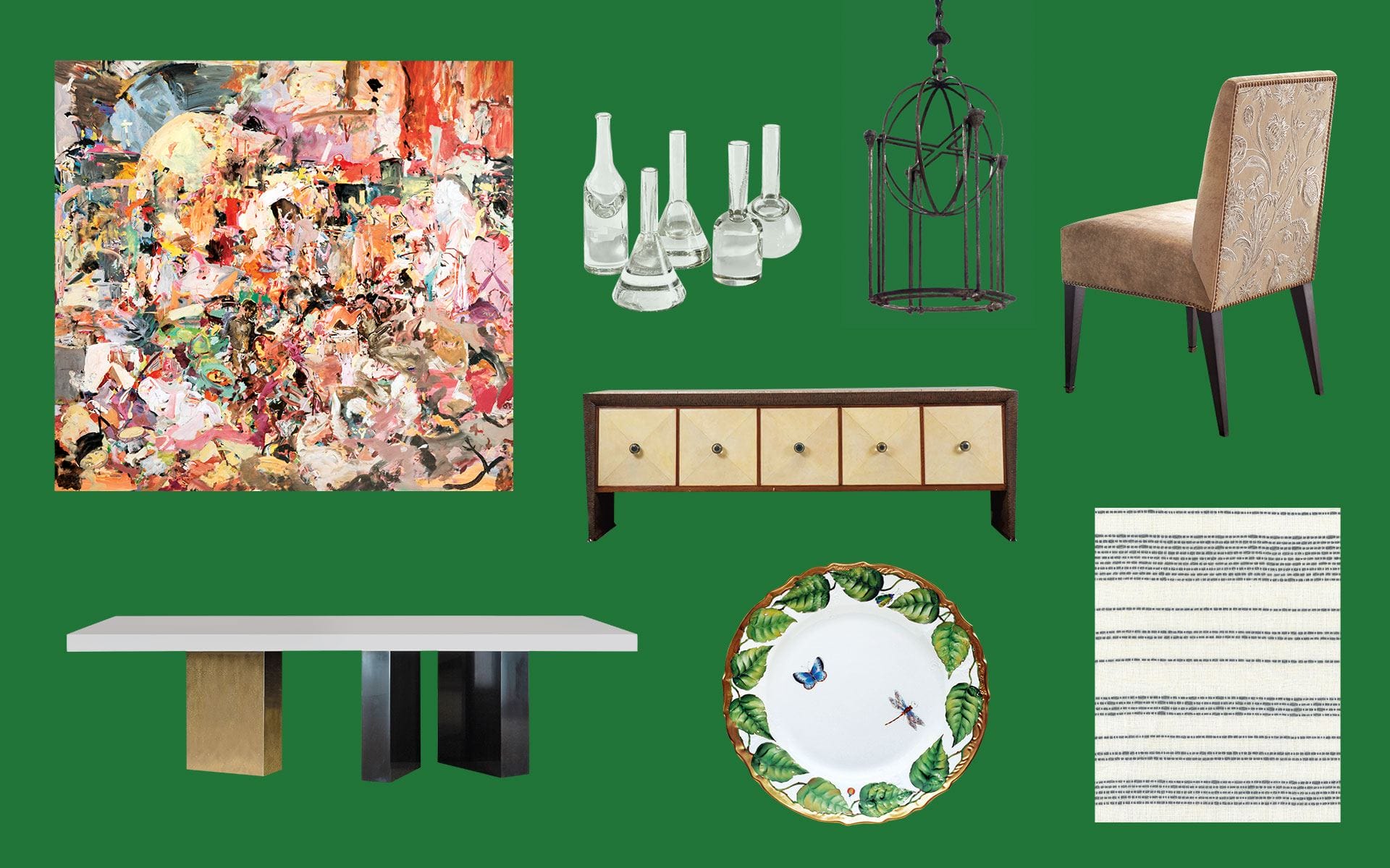Collage of colorful abstract painting, glass bottles, wire lamp, chair, sideboard, plate, table, and striped rug on green background.