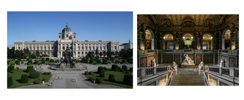 Exterior and interior views of a grand historic building with ornate architecture and manicured gardens.