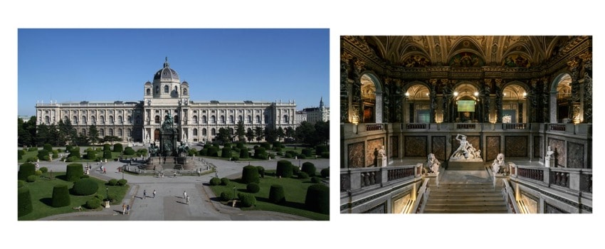 Exterior and interior views of a grand historic building with ornate architecture and manicured gardens.