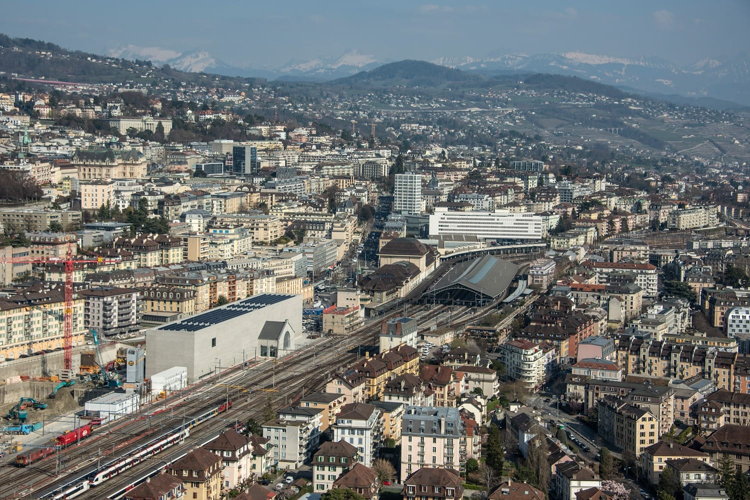 An aerial view of Lausanne, with the museum in the foreground.