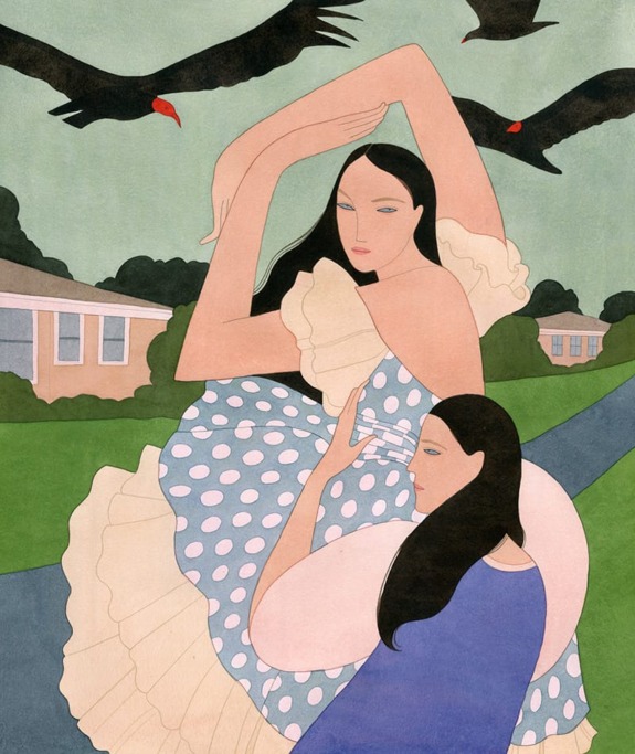 Two women in a surreal landscape with houses, surrounded by birds, in a stylized artistic illustration.