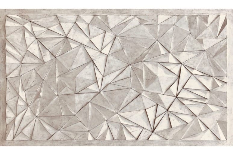 Geometric artwork with abstract triangular patterns in a monochrome color palette.