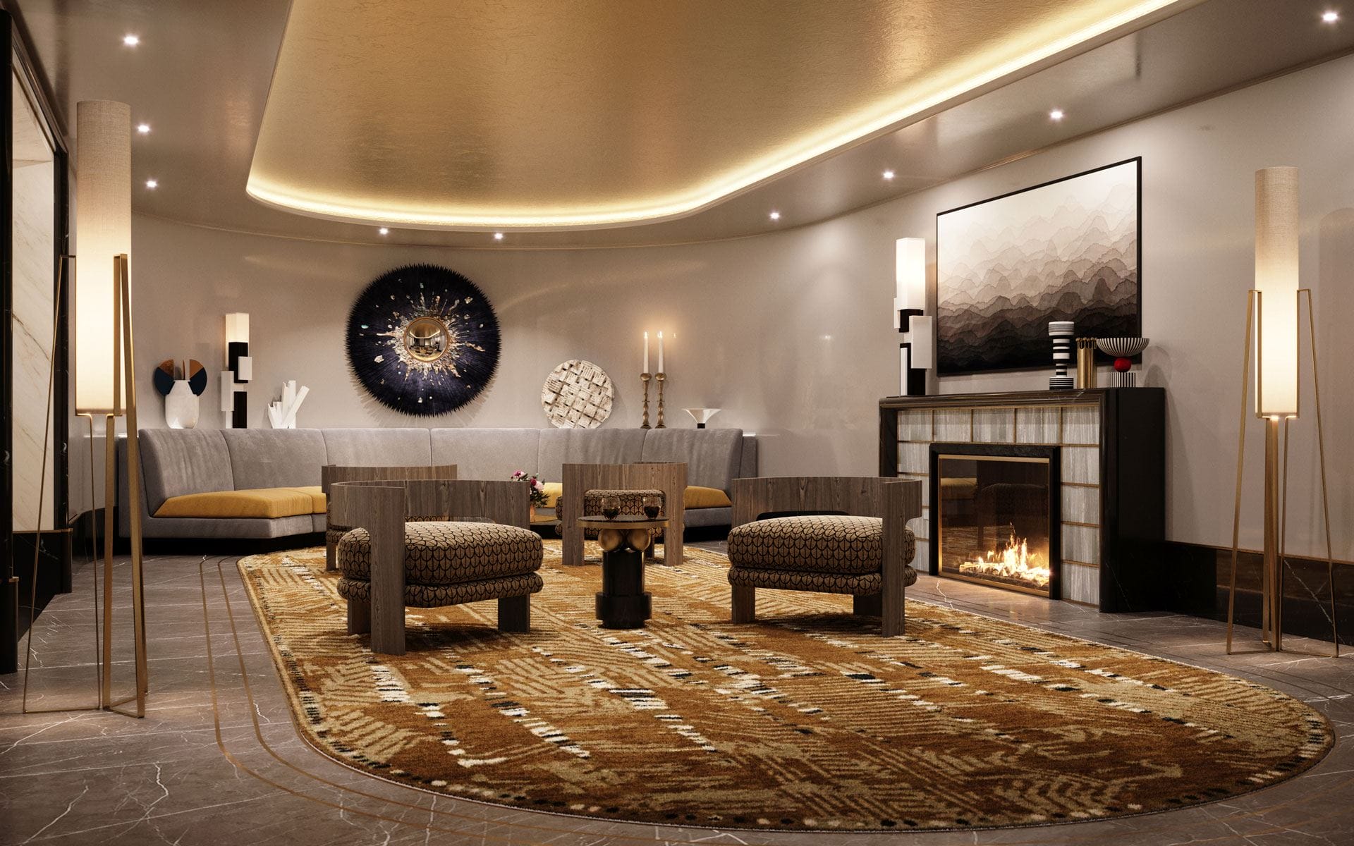 Modern living room with a circular rug, cozy chairs, decorative art pieces, and a lit fireplace for warmth and ambience.