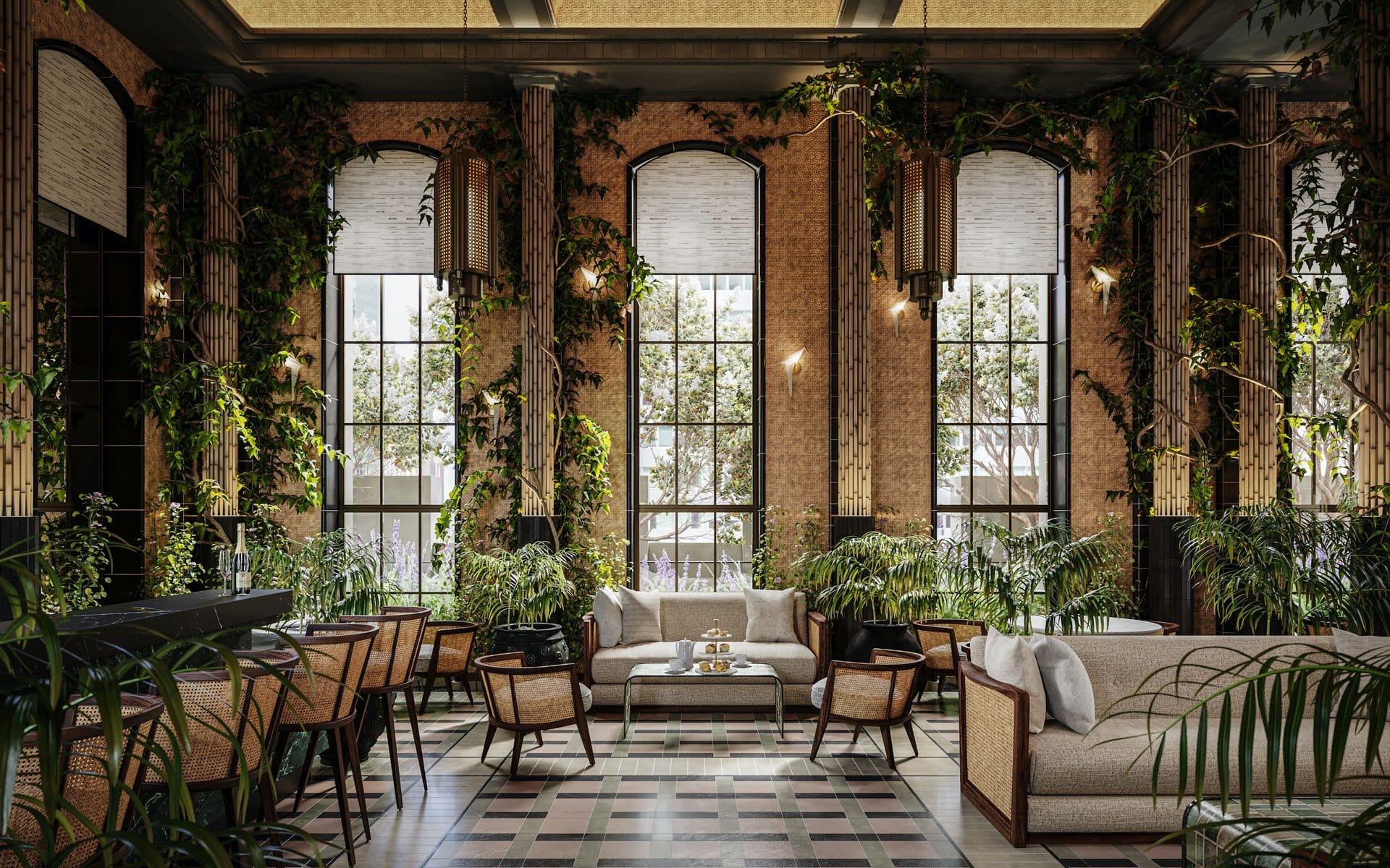 Spacious lounge with lush greenery, elegant furniture, tall windows, and patterned floor creating a tranquil atmosphere.