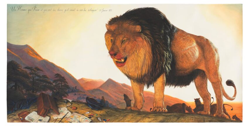 A majestic lion stands strong in a mountainous landscape with scattered items and two smaller felines nearby.