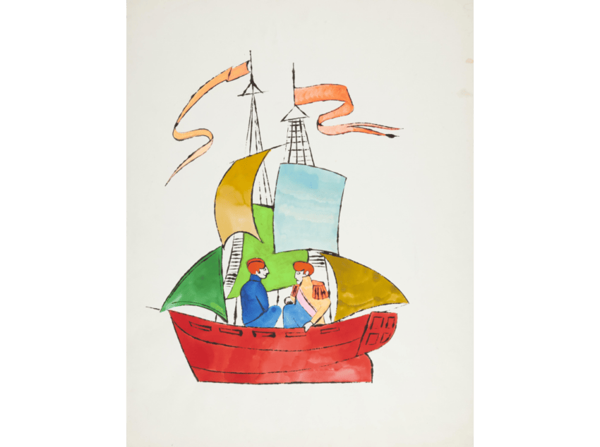 Colorful abstract painting of two people on a red ship with multicolored sails and flowing banners.