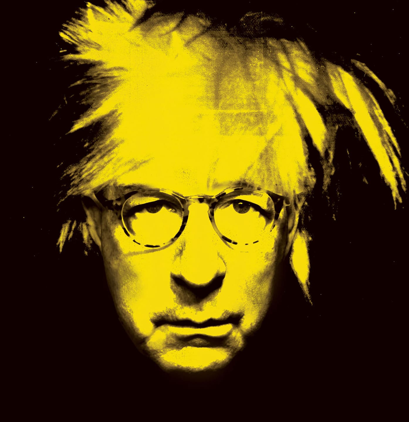 Abstract artwork of a man's face with glasses, featuring a bold yellow color palette against a dark background.