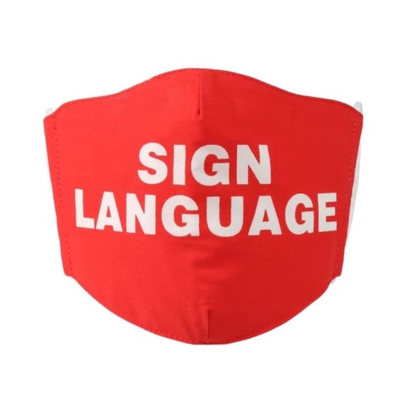 Red face mask with the text "Sign Language" printed in white letters on the front.