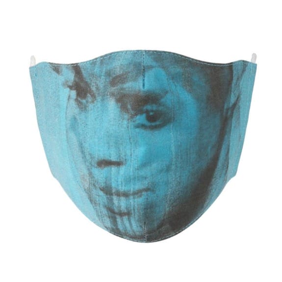 Blue face mask with abstract portrait design.
