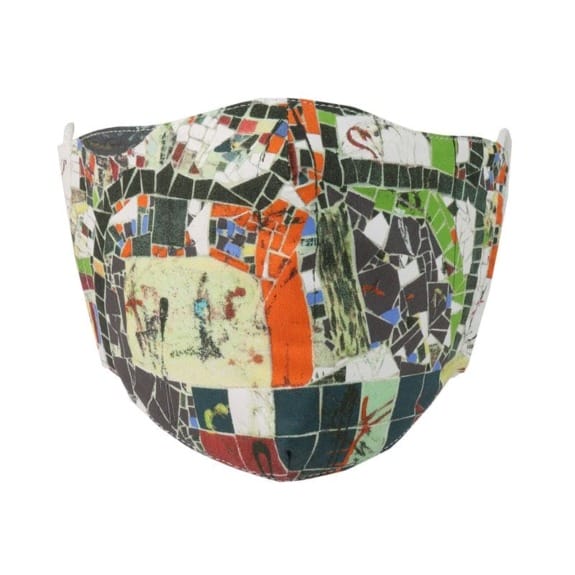 Colorful mosaic-patterned face mask with abstract, geometric designs.