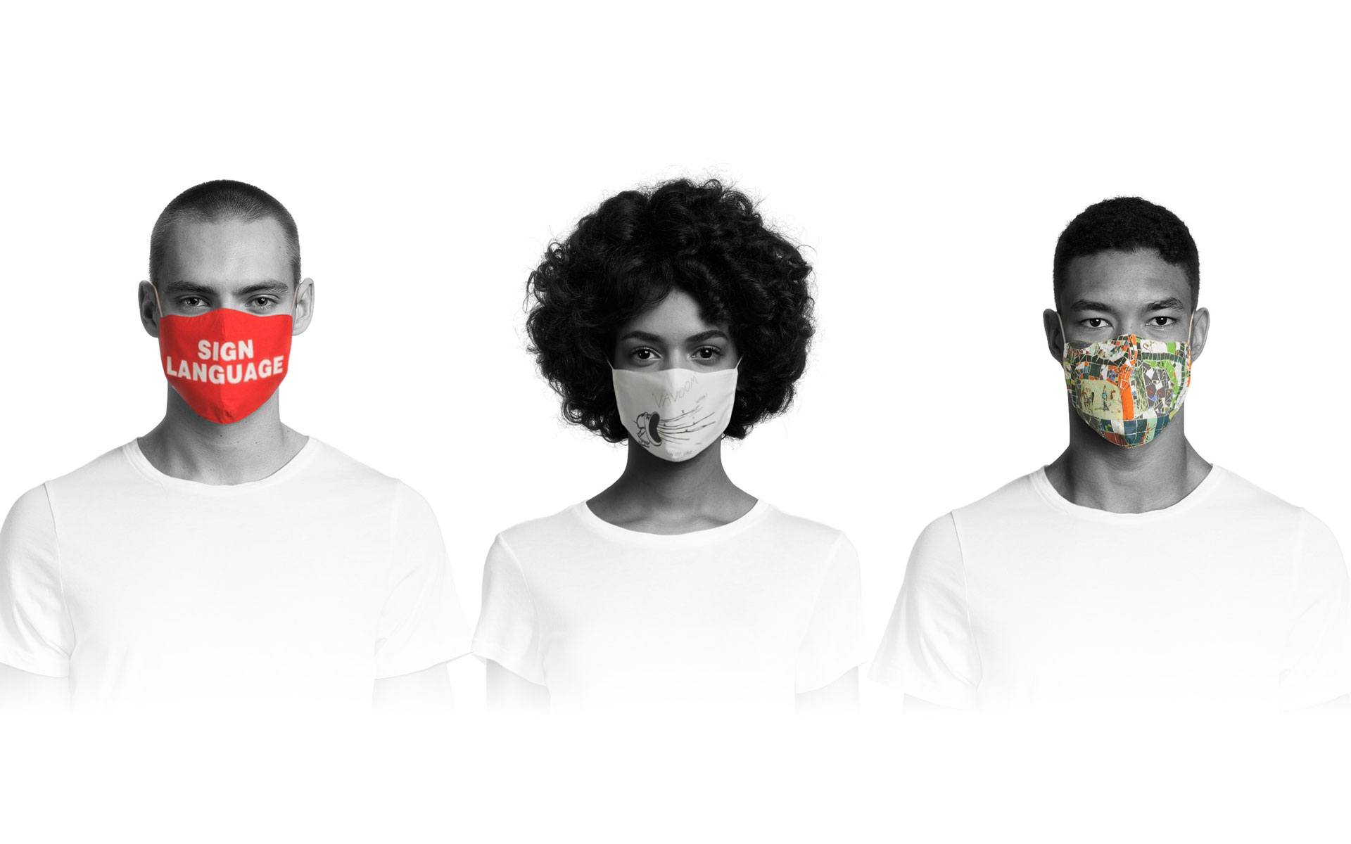 Three people wearing unique patterned face masks, centered on a white background.